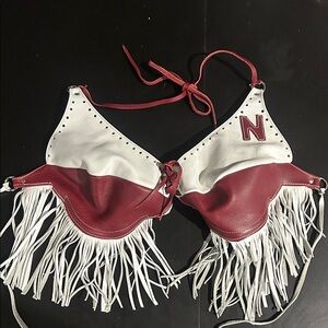 Custom Leather Maroon  and White Fringe Top